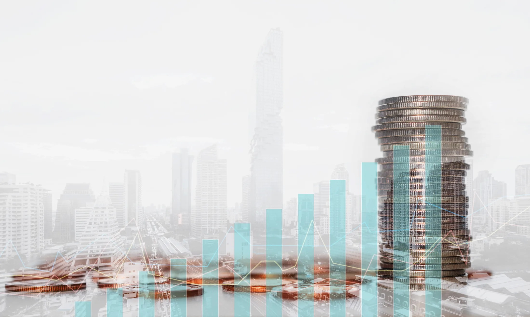 A growing city economy represented through buildings and rising investment bars.